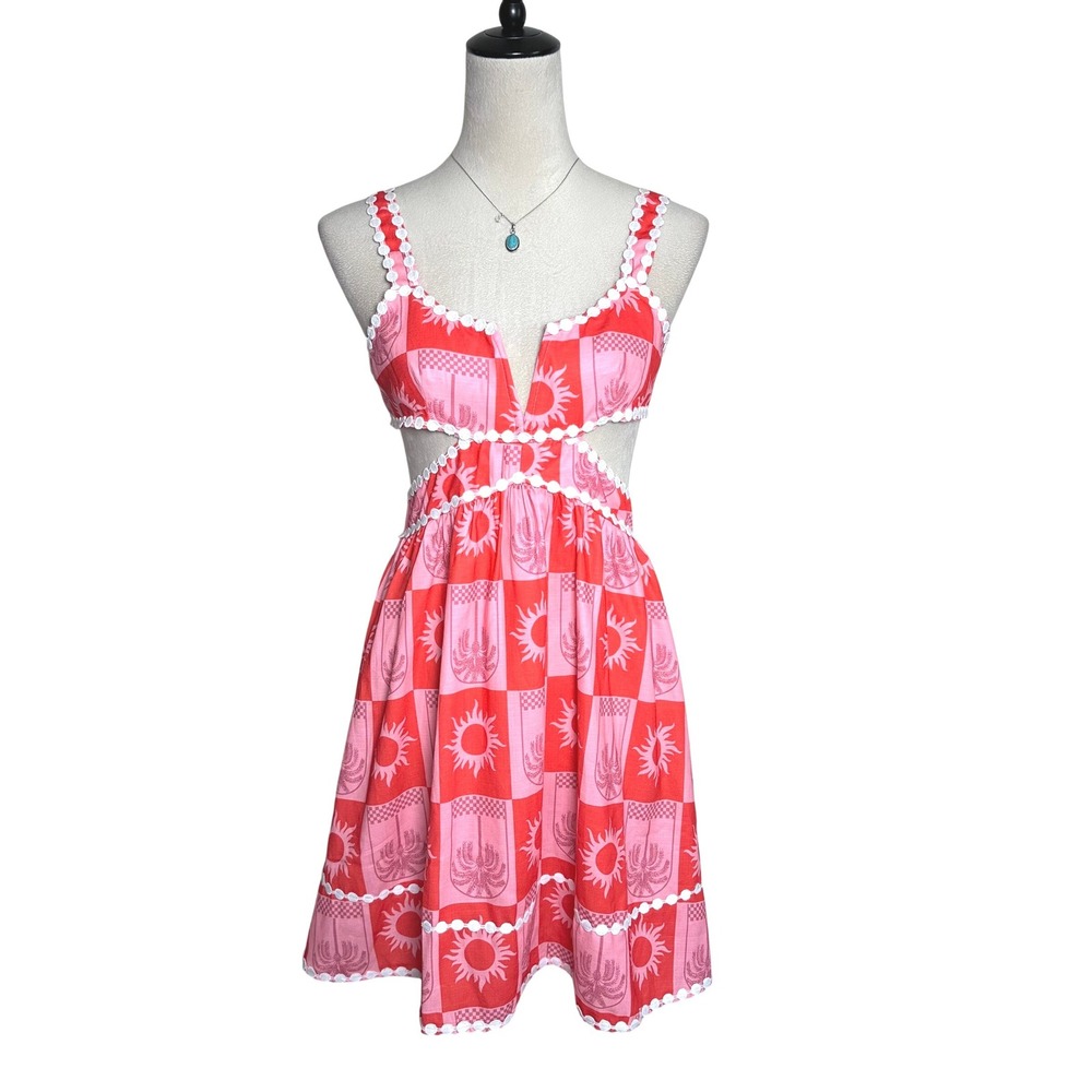 Commense Pink Red Sun Palm Tree Print Cut Out Mini Dress S Coastal Chic Resort